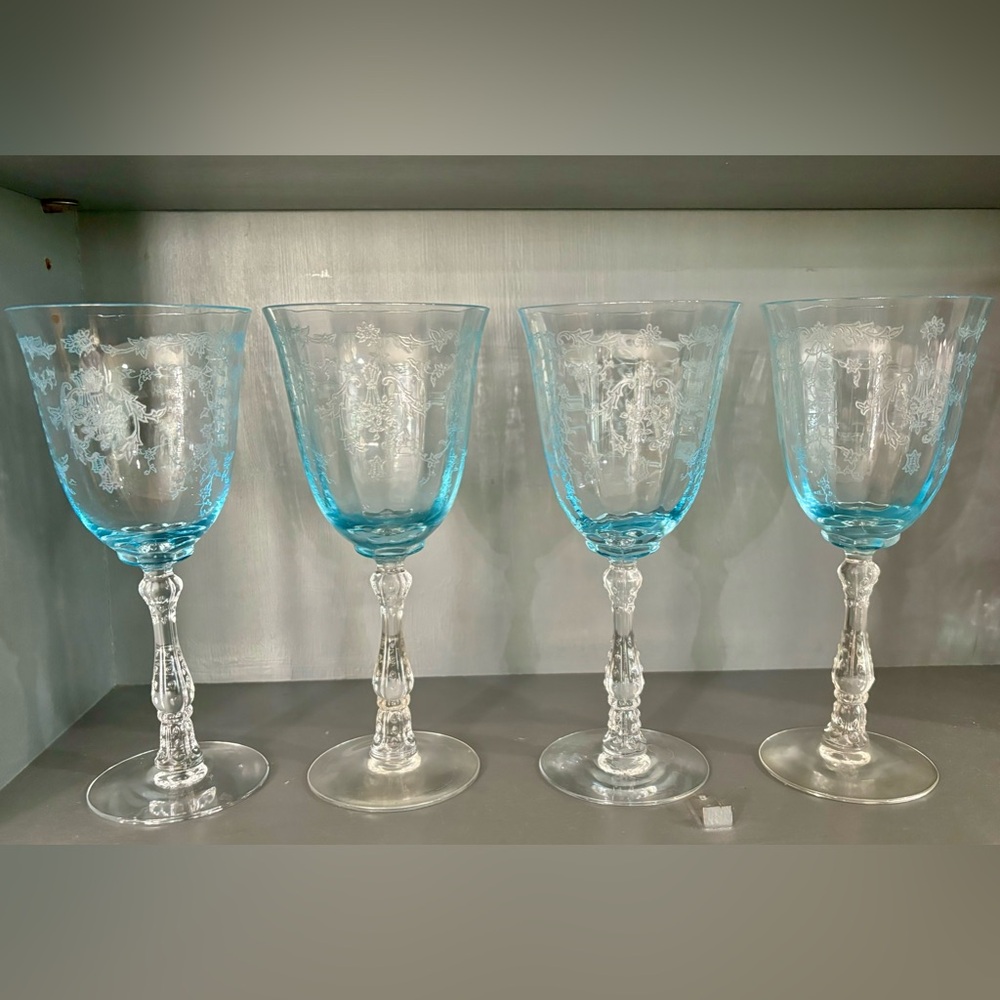 Fostoria Navarre Blue Floral Etched Wine Glasses/Water Goblets - Set of 4